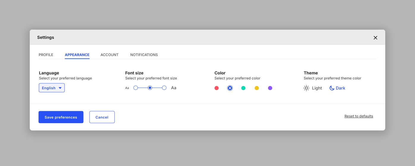Desktop settings panel